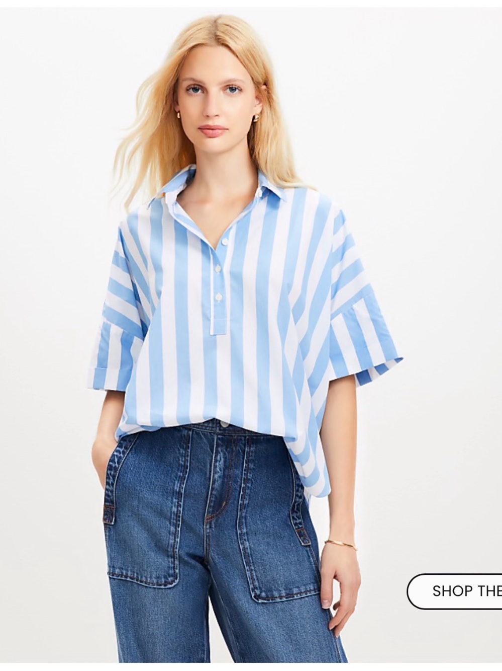 LOFT Light Blue & White Vertical Stripe Short-Sleeve Button Shirt